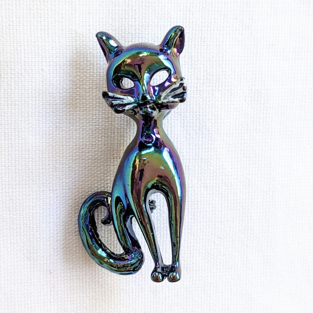 1 1/2" Iridescent mid century style cat Brooch, metal.